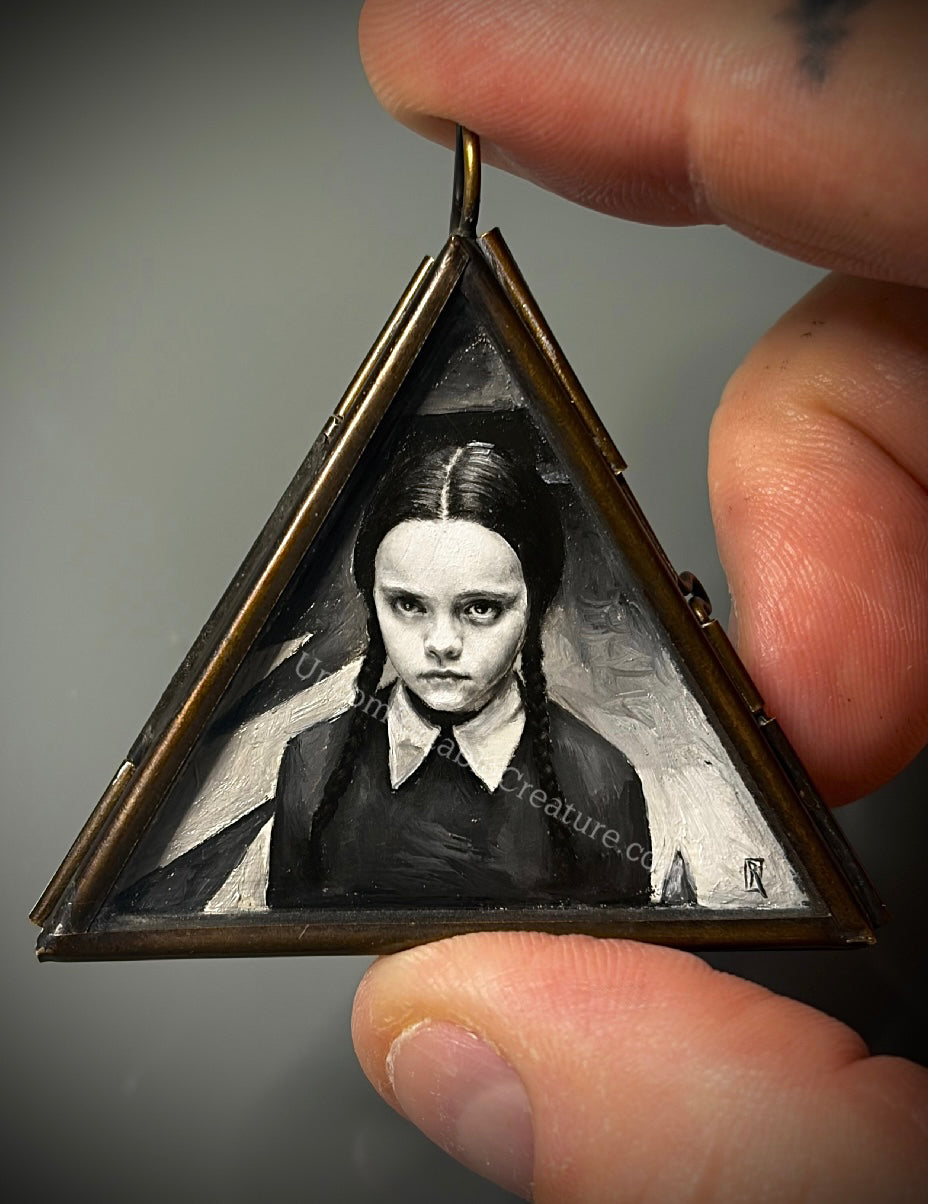 Wednesday Addams Oil Painting in Triangular Glass Pendant