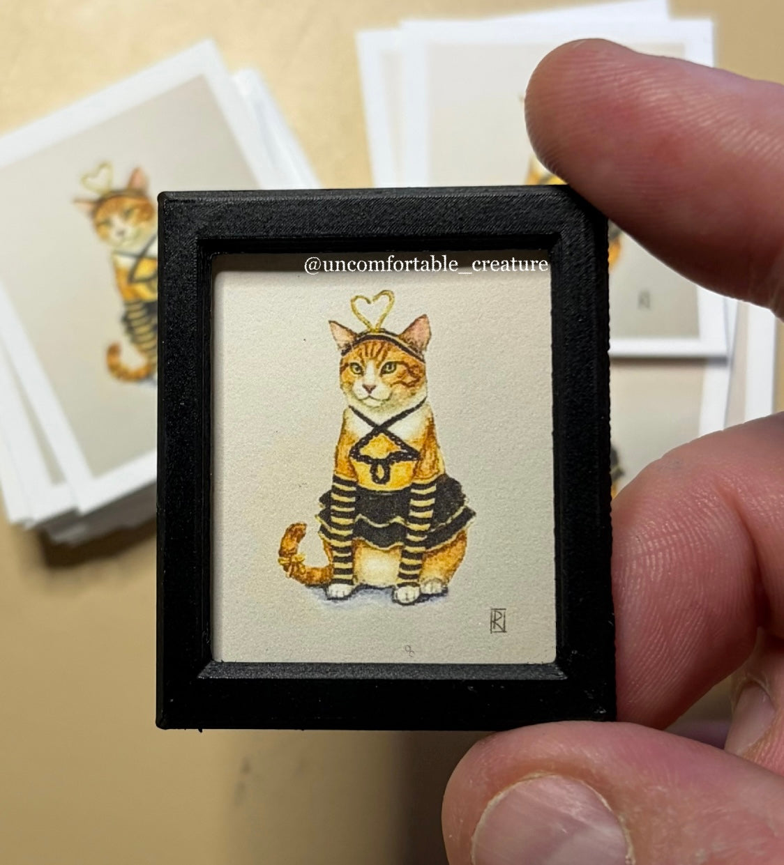 No Rain Bee Girl Cat — Signed & Framed Mini Print