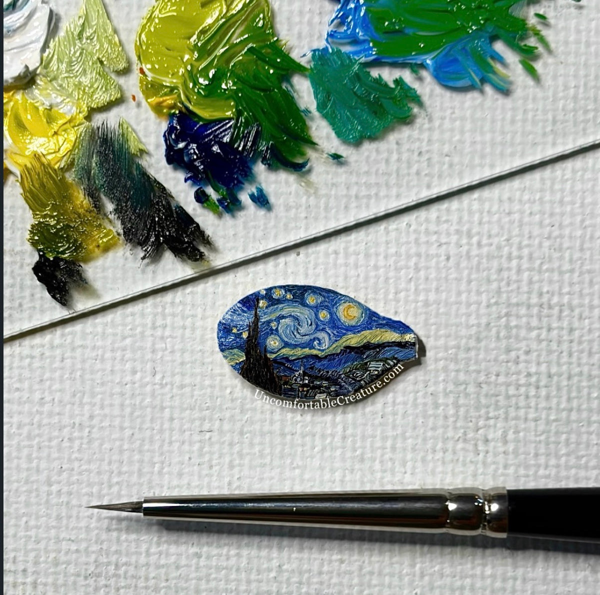 Starry Night on a Pumpkin Seed – Original Micro Painting