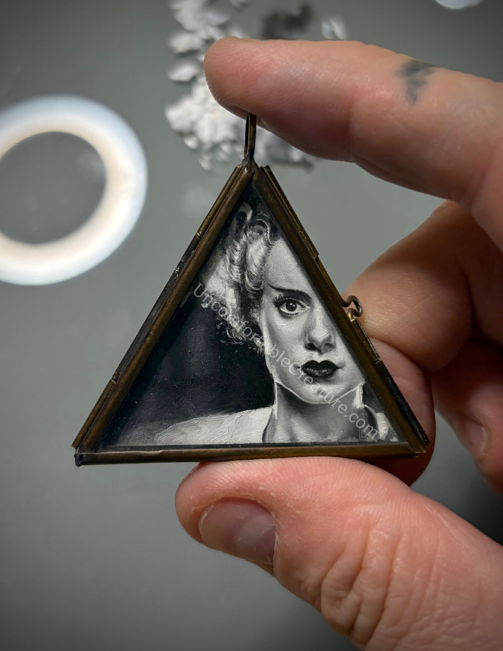 Bride of Frankenstein – Original Miniature Oil Painting in Glass Pendant