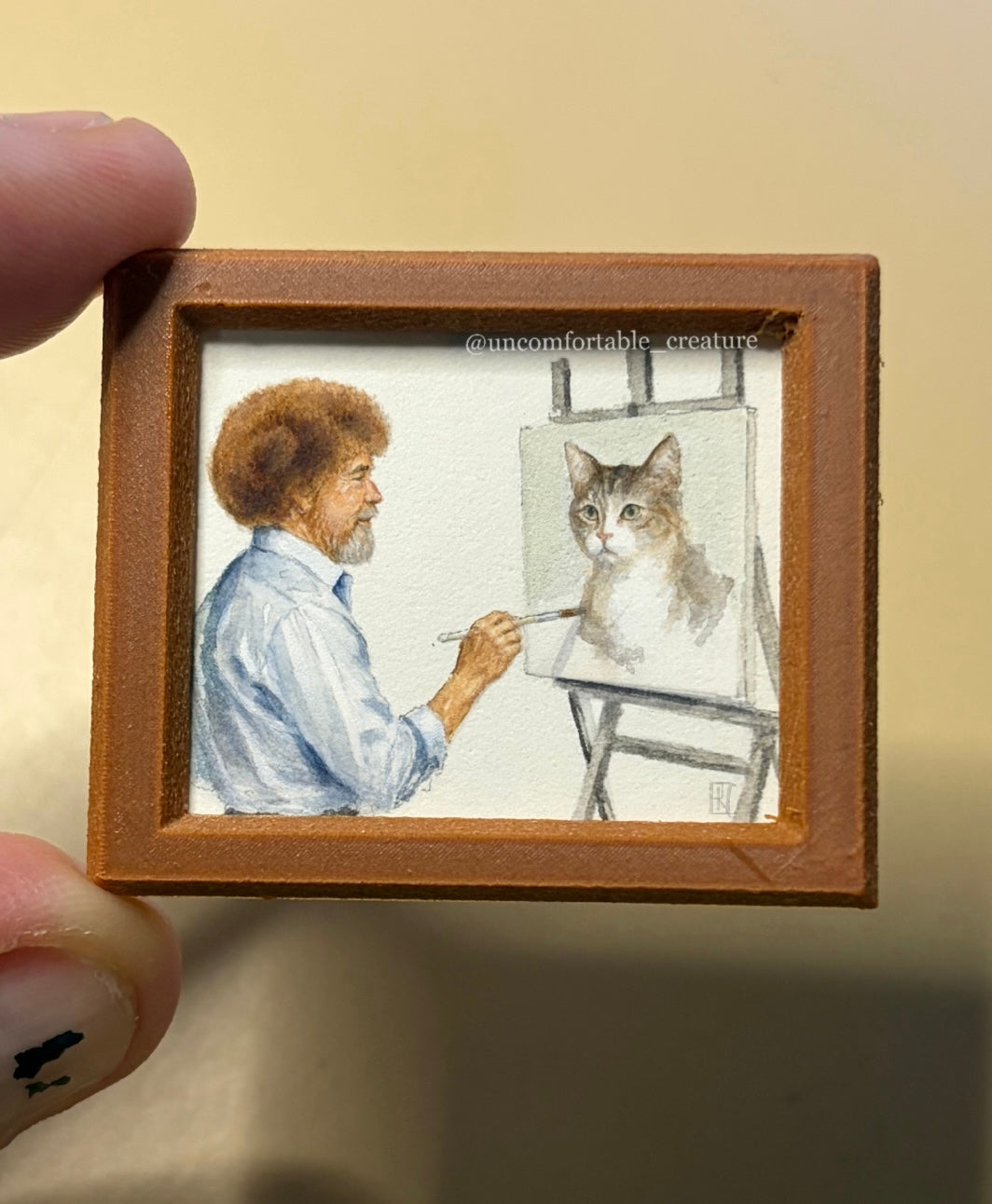 "We Don't Make Mistakes, Just Happy Little Cats" — Original Miniature Watercolor
